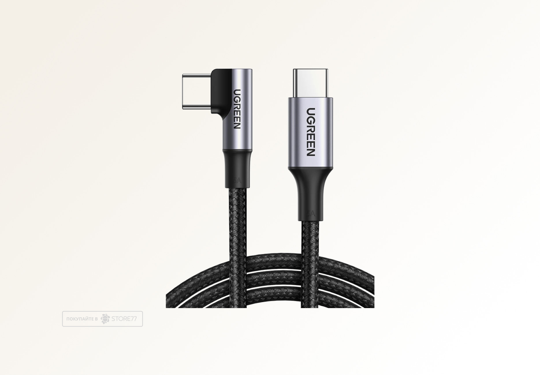 Кабель UGREEN US334 USB-C - USB-C, 100 Вт, 1 м, угловой (Черный)